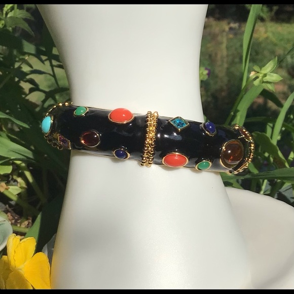 Kenneth J. Lane Jeweled Black & Gold Enamel Bangle Bracelet Multi - Picture 5 of 11